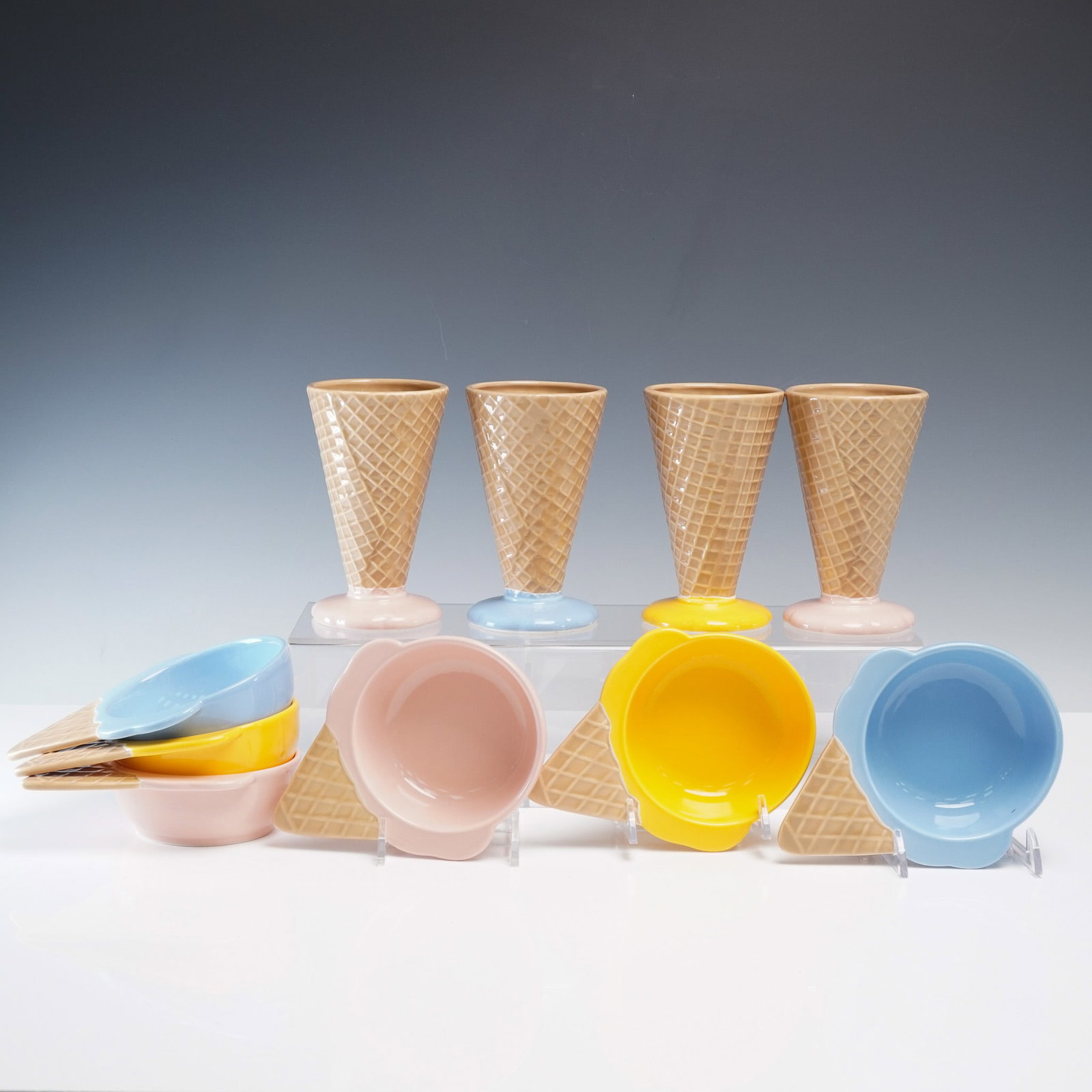 10pc Knobler Waffle Cone Ice Cream Cups: Playful 10-piece set of Knobler ceramic ice cream cups designed in the style of classic waffle cones. Each cup is shaped and textured to mimic a crisp waffle cone with colorful variations. Perfect for
