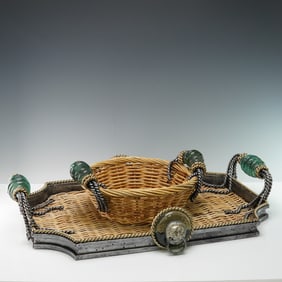 Pair of Philippine Woven Wicker Tray and Basket Set