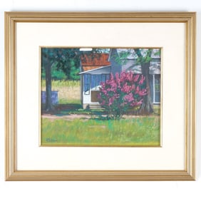 Kim Beck, Pastel on Paper, Rural House with Blooming Tree, Signed
