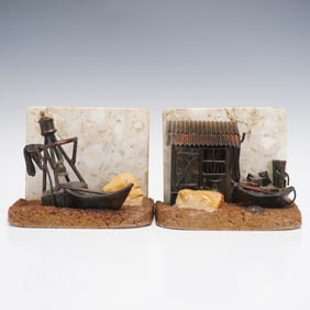 2pc Rustic Nautical Scene Metal & Stone Bookends