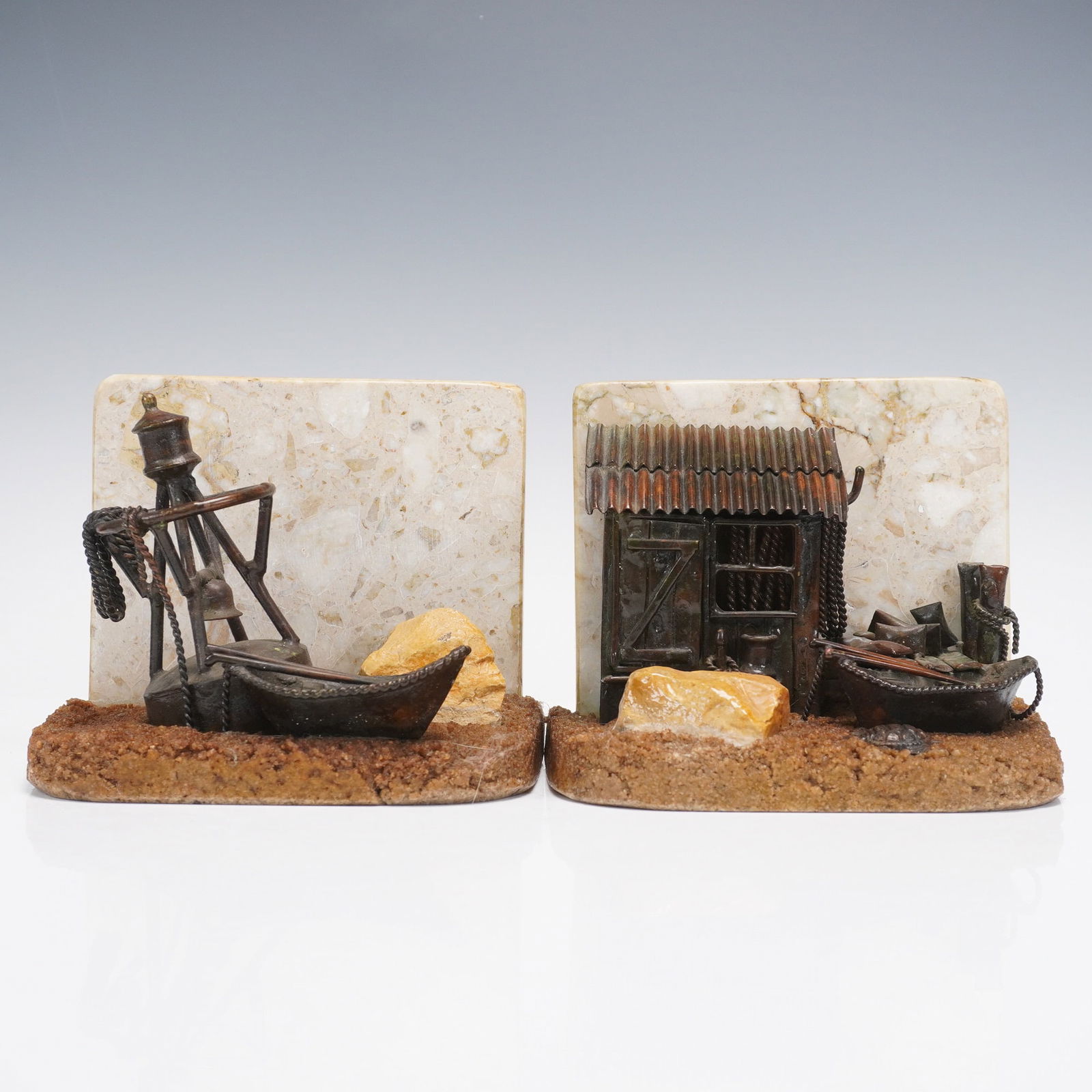 2pc Rustic Nautical Scene Metal & Stone Bookends (1 of 5)