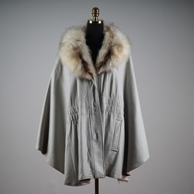 Vintage Grey Leather Cape Coat with Fox Fur Trim