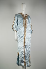 Vintage Moroccan Caftan in Sky Blue Satin with Gold Trim