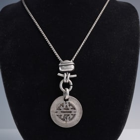 Long Chain Necklace with Cutout Medallion Pendant and Toggle Detail