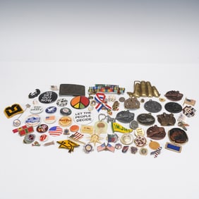 65pc Mixed Lot of Pins, Buttons & Buckles, Patriotic & Novelty
