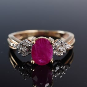 10K Gold Ruby Ring with Baguette and Round Diamond Accents, Marked FTH
