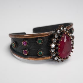 Vintage Style Cuff Bracelet with Faux Ruby and Crystal Accents
