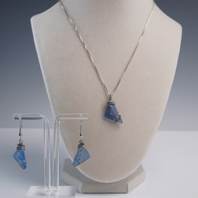 3pc Blue Sea Glass Jewelry Set with Sterling Chain