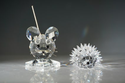 2pc Swarovski Crystal Figurines, Mouse and Hedgehog