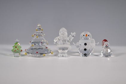 5pc Swarovski Crystal Holiday Figurine Set-Santa, Snowmen, & Trees