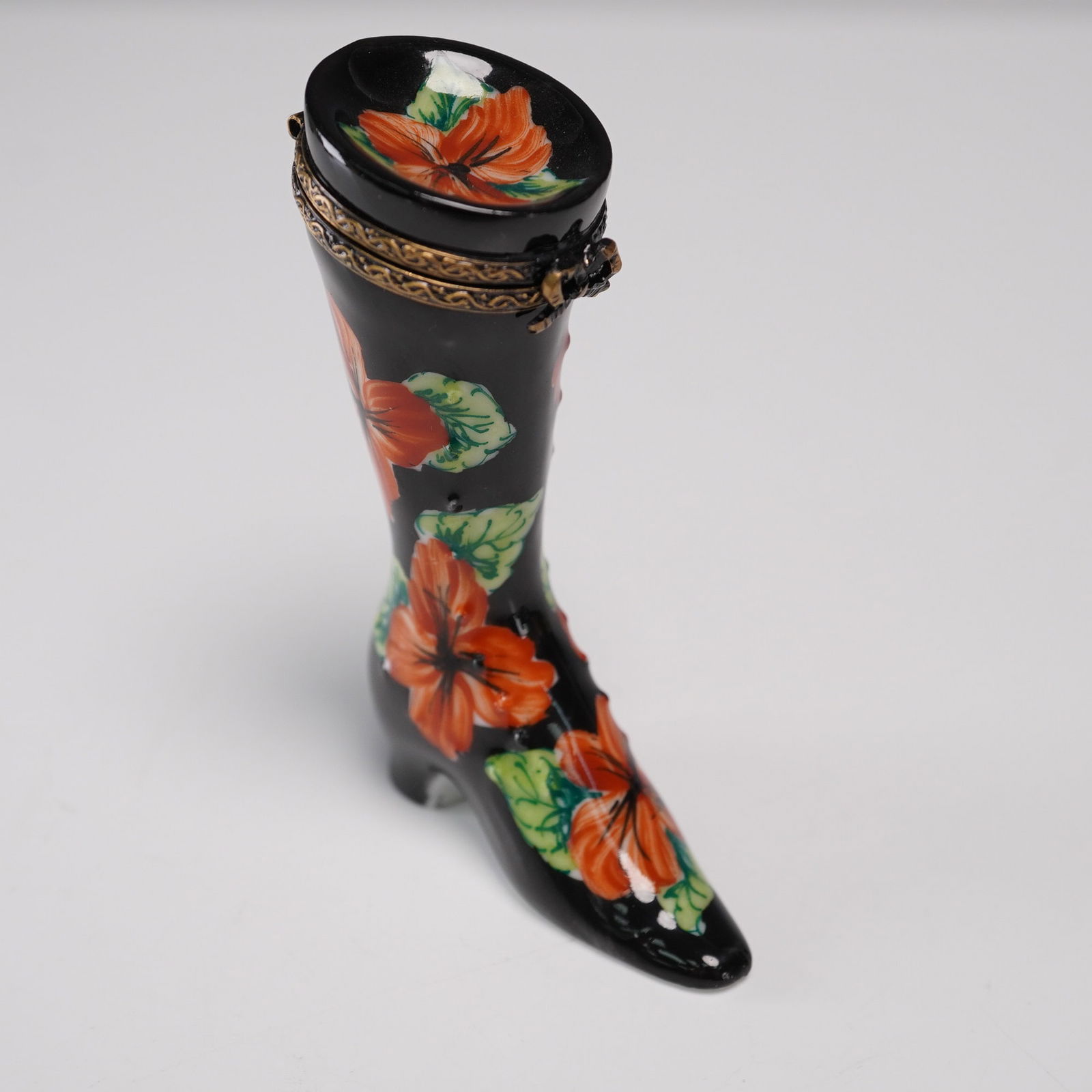 Limoges Porcelain Boot Figurine, Floral Black Glaze (1 of 6)