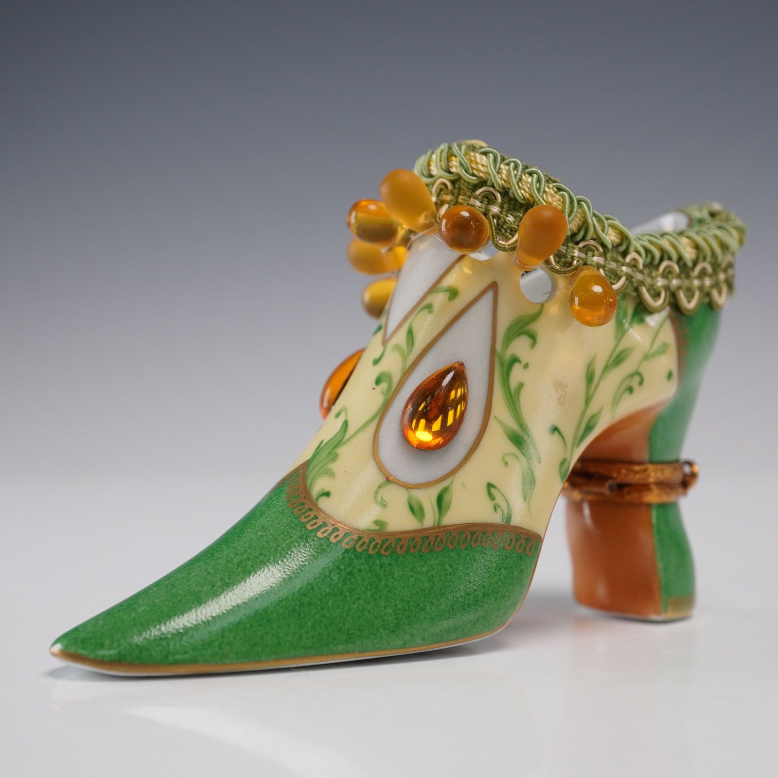 Limoges Porcelain Shoe Box, Green With Amber Drops (1 of 6)