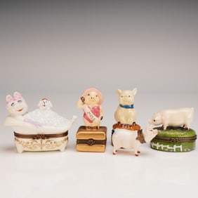 5pc Limoges Pig-Themed Porcelain Treasure Boxes