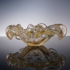 Murano Style Gold Aventurine Freeform Art Glass Bowl