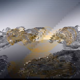 Murano Style Gold Aventurine Freeform Art Glass Bowl: Striking hand-blown art glass bowl in the Murano style, featuring clear glass infused with gold aventurine and a dramatic freeform, ruffled shape. The organically lobed form and internal gold flecking