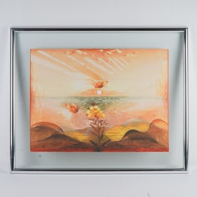 Suzanne Pirotte, Color Etching of Butterfly and Blooming Flower, Signed