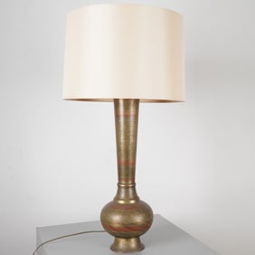 Brass Table Lamp with Floral Engraving and Cream Drum Shade