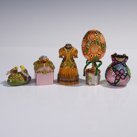 5pc Jeweled Enamel Ring or Treasure Boxes, Figural Designs