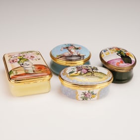 4pc Halcyon Days Enamel Treasure Boxes, Floral Scenes