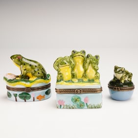 3pc Hand Painted Porcelain Frog Treasure Boxes