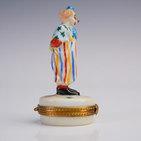 FA Limoges Porcelain Trinket Box, Clown Holding Bouquet