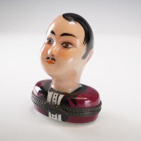 Limoges Figural Porcelain Treasure Box, Gentleman in Burgundy Coat