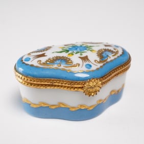 Limoges France Porcelain Box, Floral Gilt Blue Oval