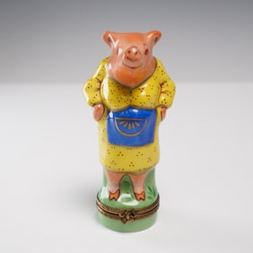 Limoges Porcelain Pig in Apron Trinket Box