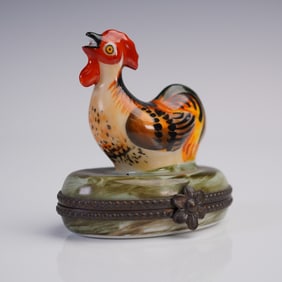 Limoges Porcelain Rooster On Green Base Trinket Box