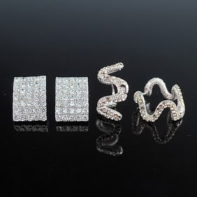 2 Pairs of Rhinestone Earrings, Modern and Sculptural Designs