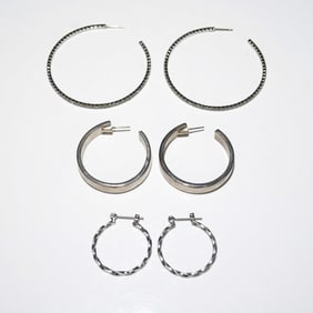 3 Pairs Silver Tone Hoop Earrings Including Rhinestone and Textured Styles