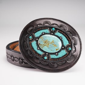 Fred Coen Black Leather Belt with Beaded Turquoise Buckle