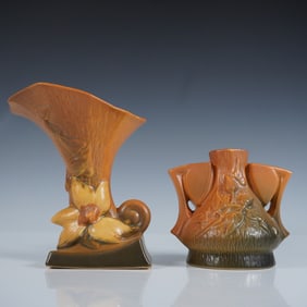 2pc Roseville Pottery, Clematis Cornucopia Vase and Flower Frog