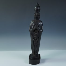 Egyptian Black Stone Sculpture of Osiris with Horus Relief