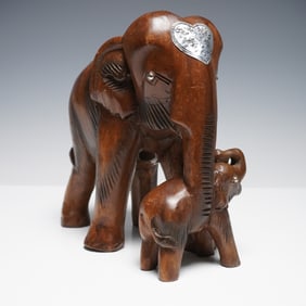 Hand Carved Wood Elephant Figurine with Calf and Metal Accents