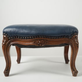 Carved Wood Ottoman with Blue Upholstered Seat
