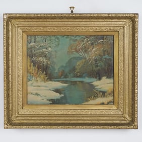 Framed Chromolithograph on Board, Winter Landscape