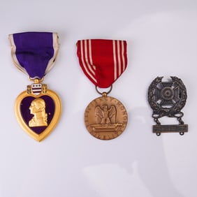3pc Medal Set, Purple Heart, Good Conduct, Sterling Rifle Pin