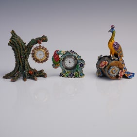 3pc Enameled Clocks with Toucan, Peacock & Tree Design