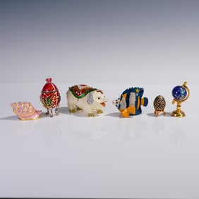 6pc Enameled Trinket Boxes & Globe Figure