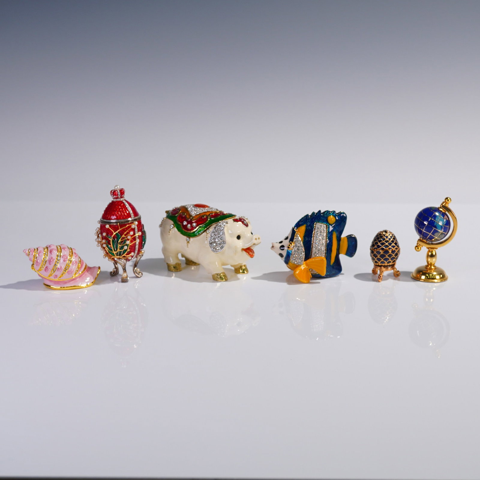 6pc Enameled Trinket Boxes & Globe Figure (1 of 4)