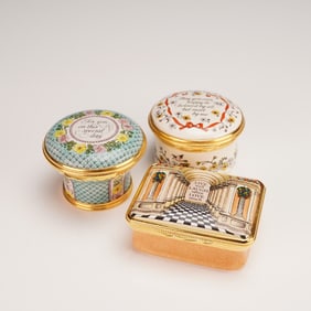 3pc Halcyon Days Enamels Trinket Boxes with Heartfelt Inscriptions