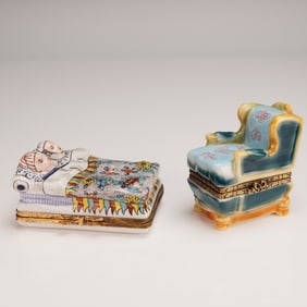 2pc Figural Porcelain Keepsake Boxes, Bed & Armchair