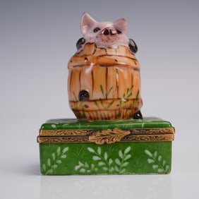 Limoges Porcelain Box, Pig in Barrel