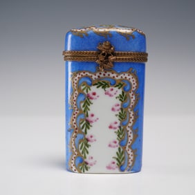 Limoges Porcelain Figural Box, Blue with Floral Garlands and Rose Clasp
