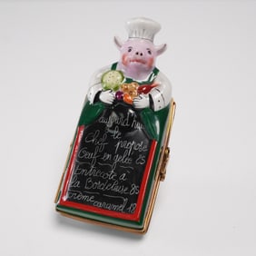 Limoges Porcelain Ring Box, Pig Chef with French Menu Board