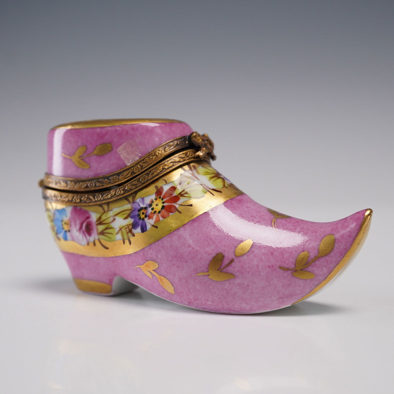 Limoges Porcelain Shoe Box, Floral on Pink with Gilt Trim (1 of 5)