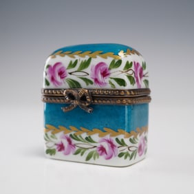 Limoges Porcelain Treasure Box, Enamel Trunk with Glass Perfume Bottles