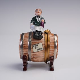 Sinclair Limoges Porcelain Trinket Box, Waiter on Wine Barrel