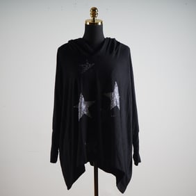 Olivia Wendel Black Hooded Poncho with Crystal Star Embellishments